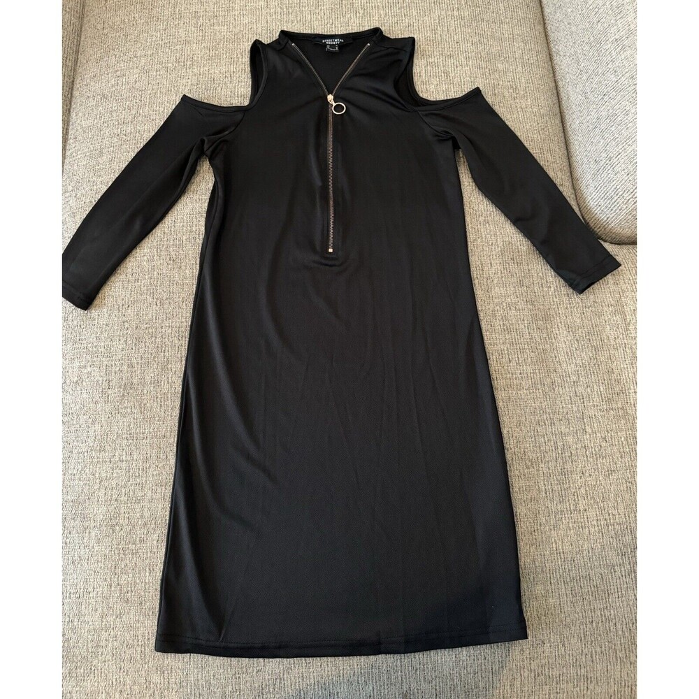 BLACK OPEN SLEEVE ZIPPER FRONT FOR EXTRA SEXY MINI DRESS - SIZE MEDIUM